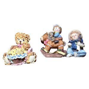 3 Vintage miniature resin figures. Bear, boy on horse, and boy kneeling.